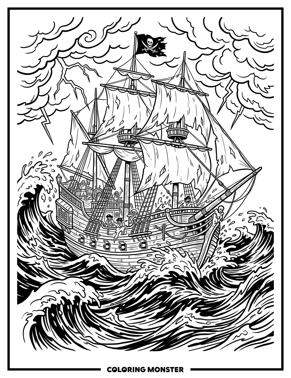 Pirate Ship in a Stormy Sea Coloring Page