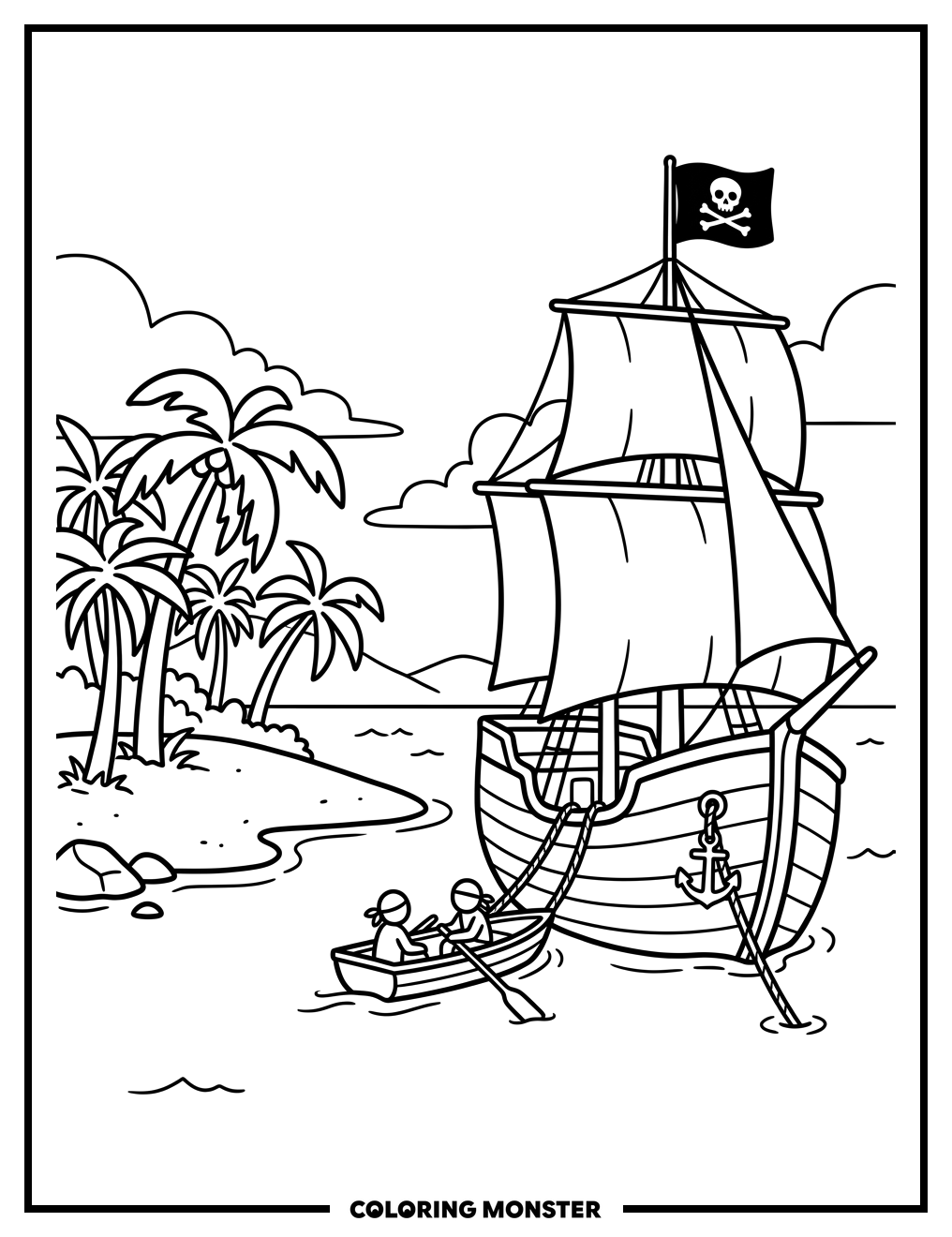 Pirate Ship Off Tropical Island Coloring Page