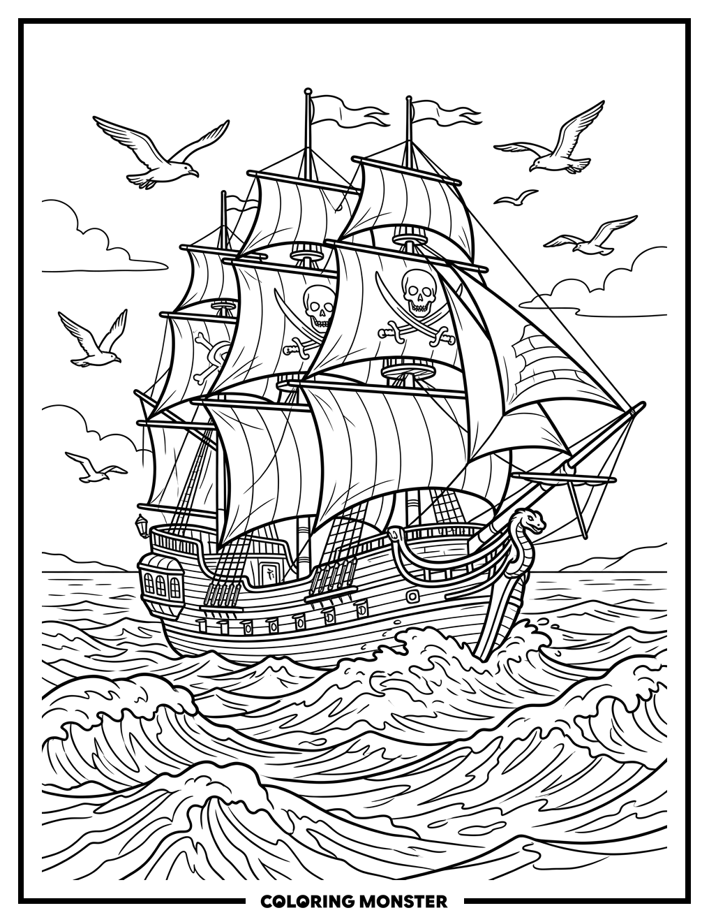 Pirate Ship on Choppy Seas Coloring Page