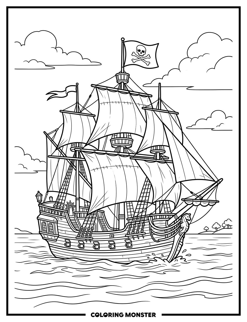 Pirate Ship Sailing On Calm Seas Coloring Page