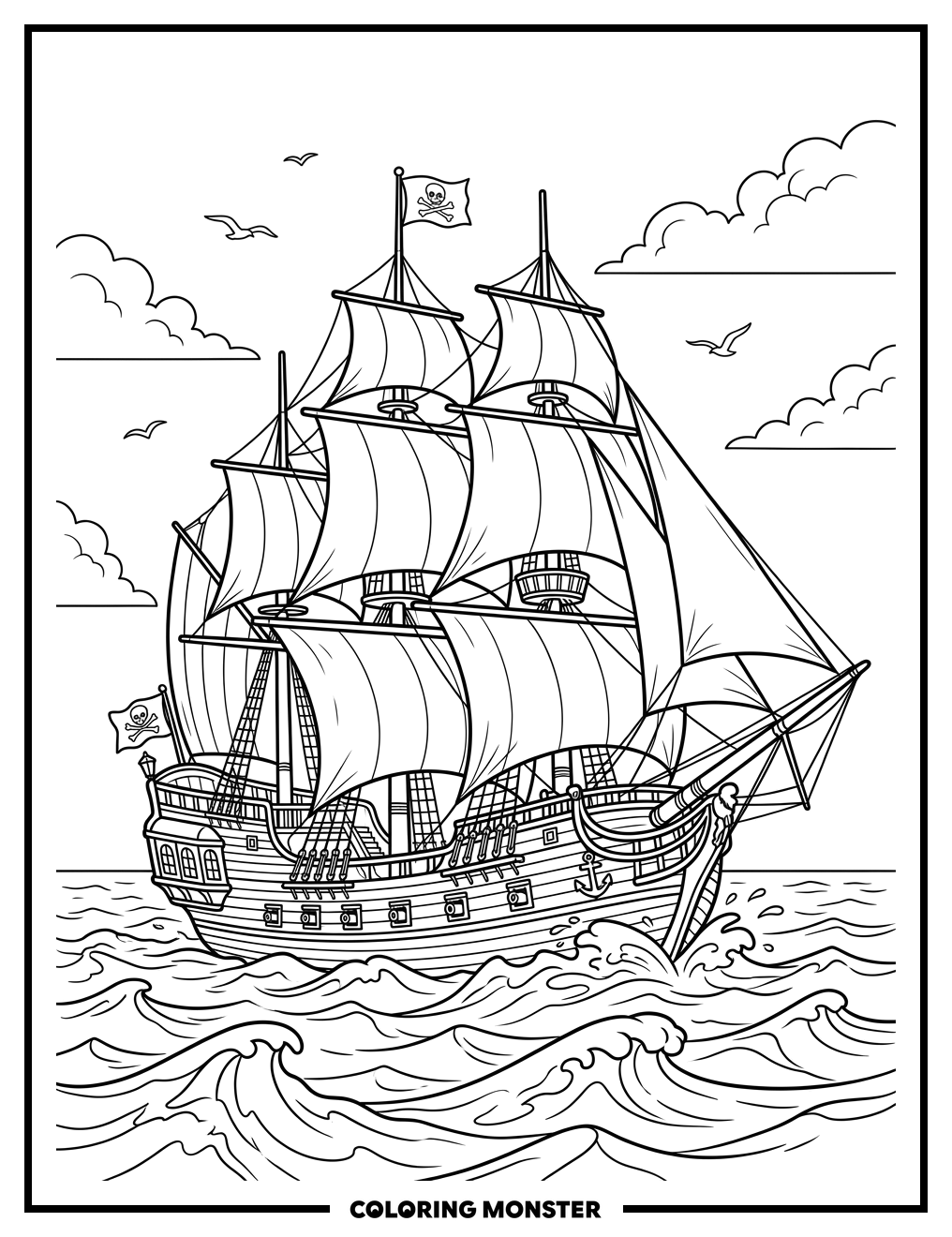 Pirate Ship Sailing on the Ocean Coloring Page