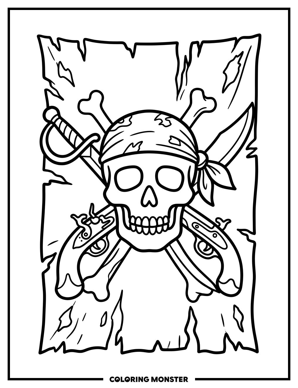 Pirate Skull with Weapons Coloring Page