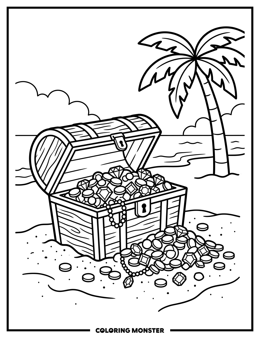 Pirate Treasure Chest on Beach Coloring Page