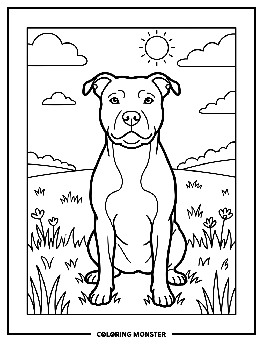 Pitbull Dog in Sunny Field Coloring Page
