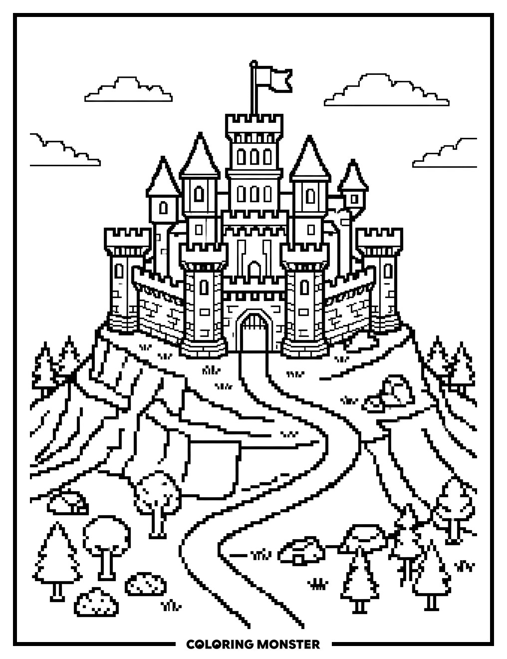 Pixel Art Castle on Hill Coloring Page