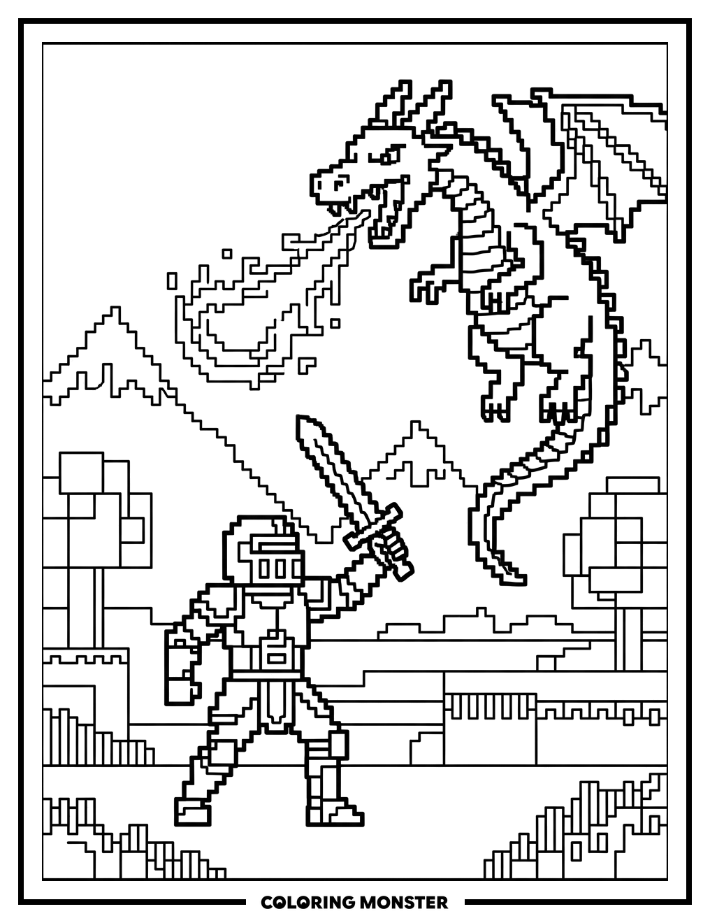 Pixel Knight Versus Dragon Coloring Page