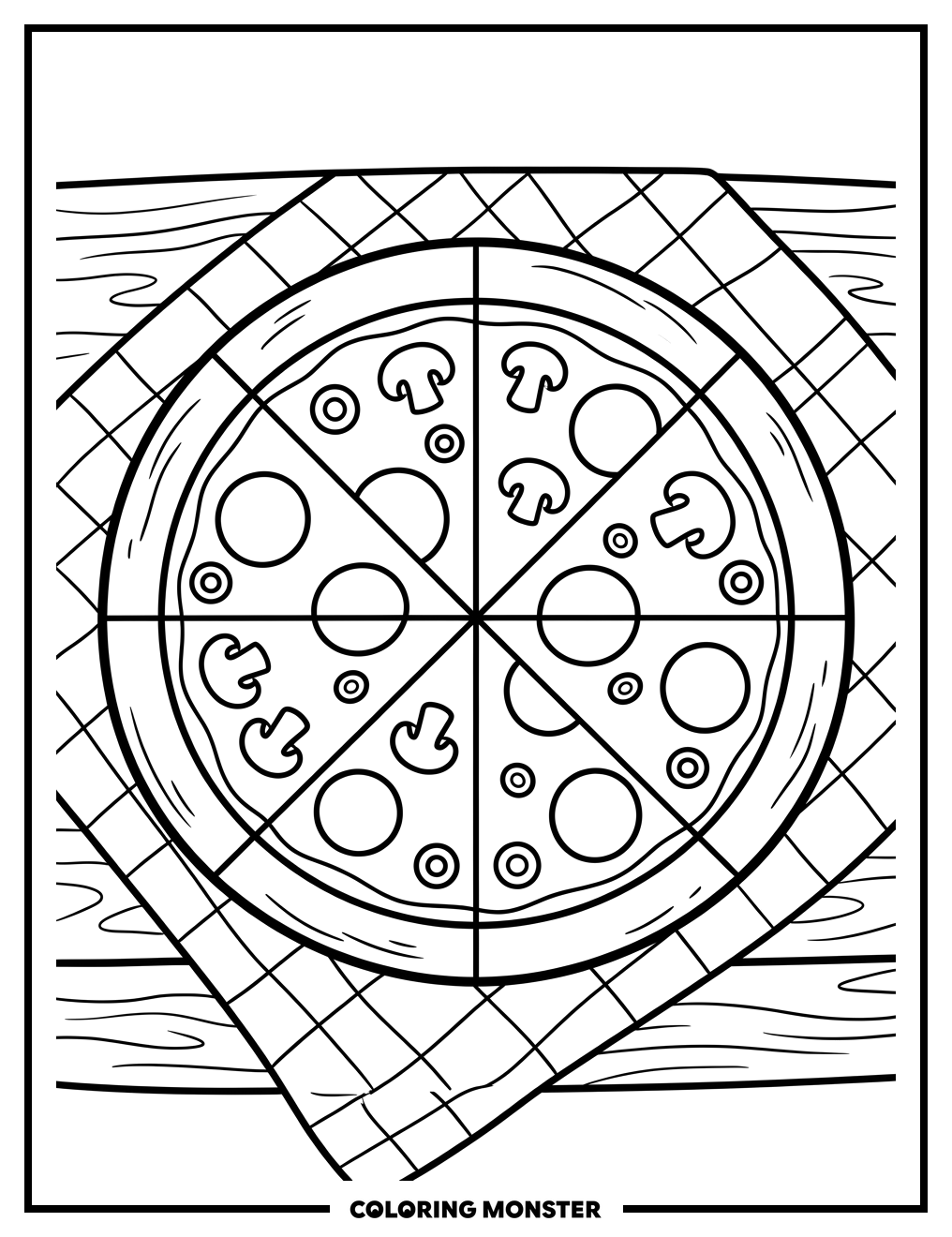 Pizza with Toppings and Tablecloth Coloring Page