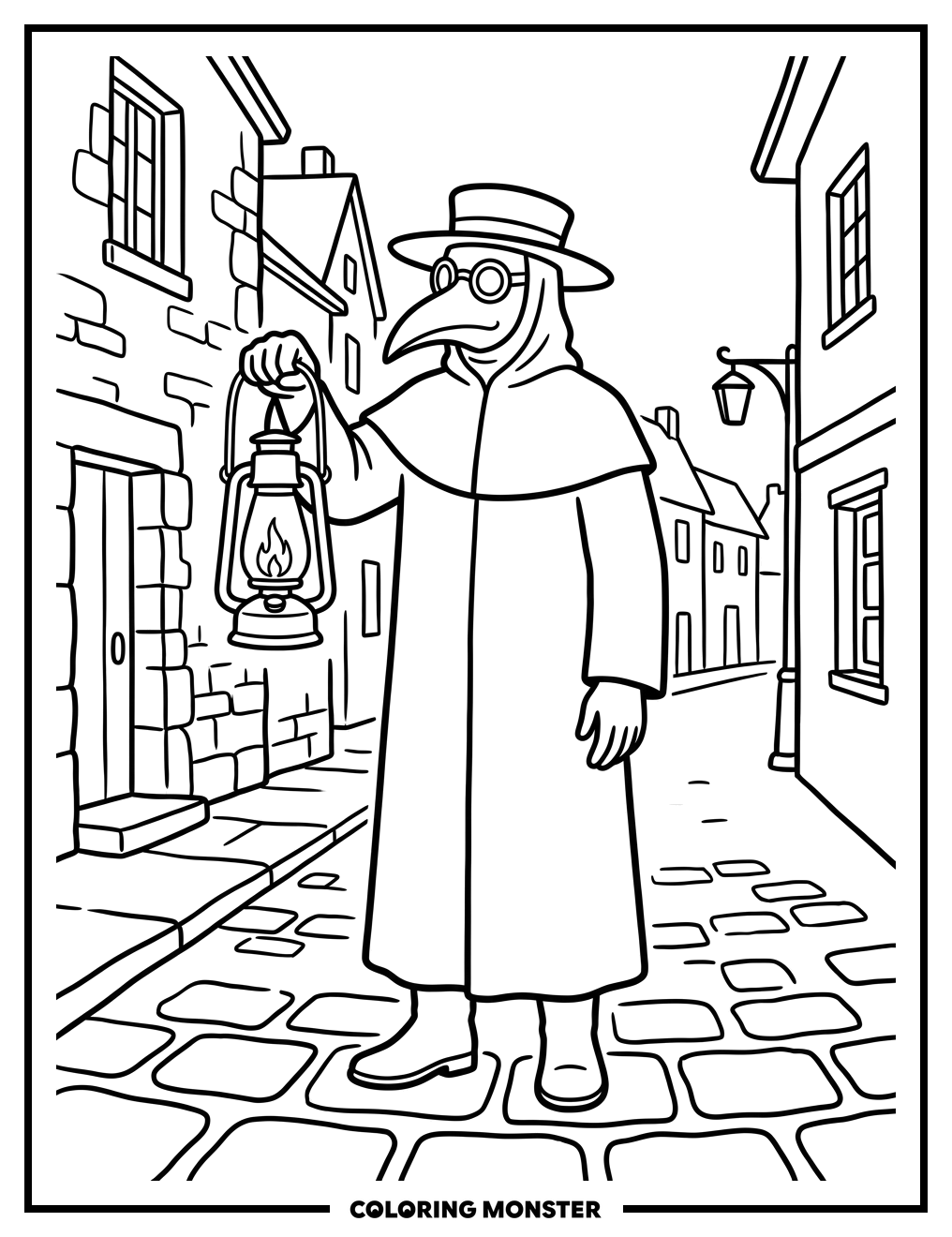 Plague Doctor on Cobblestone Street Coloring Page