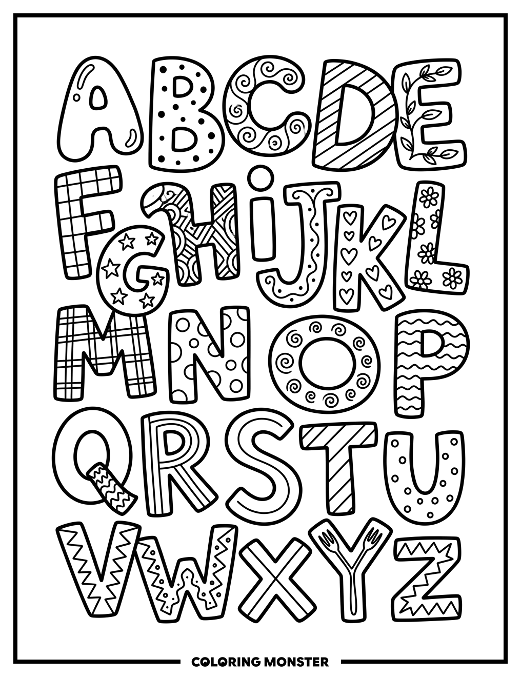 Playful Alphabet Letters A to Z Coloring Page