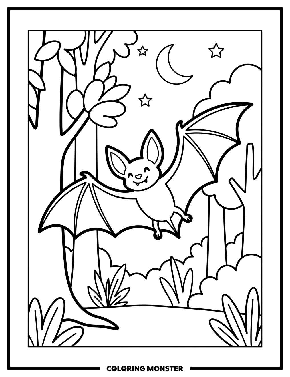 Playful Bat in Forest Coloring Page