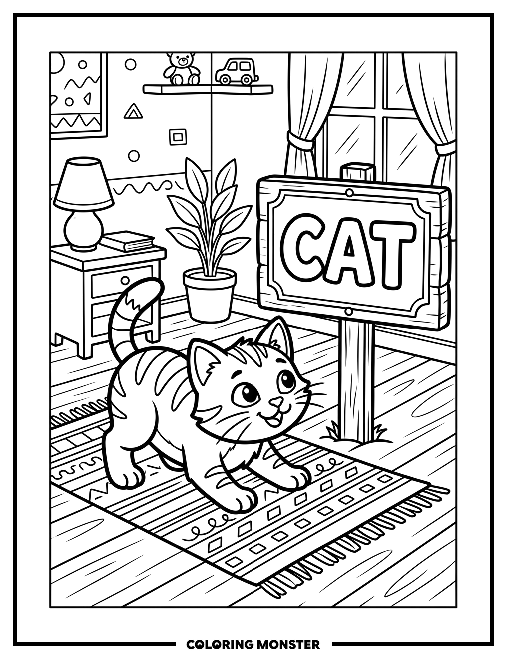 Playful Cat Studying a 'CAT' Sign Coloring Page