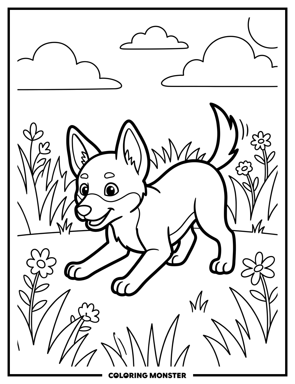 Playful Dingo Pup in Grassy Field Coloring Page