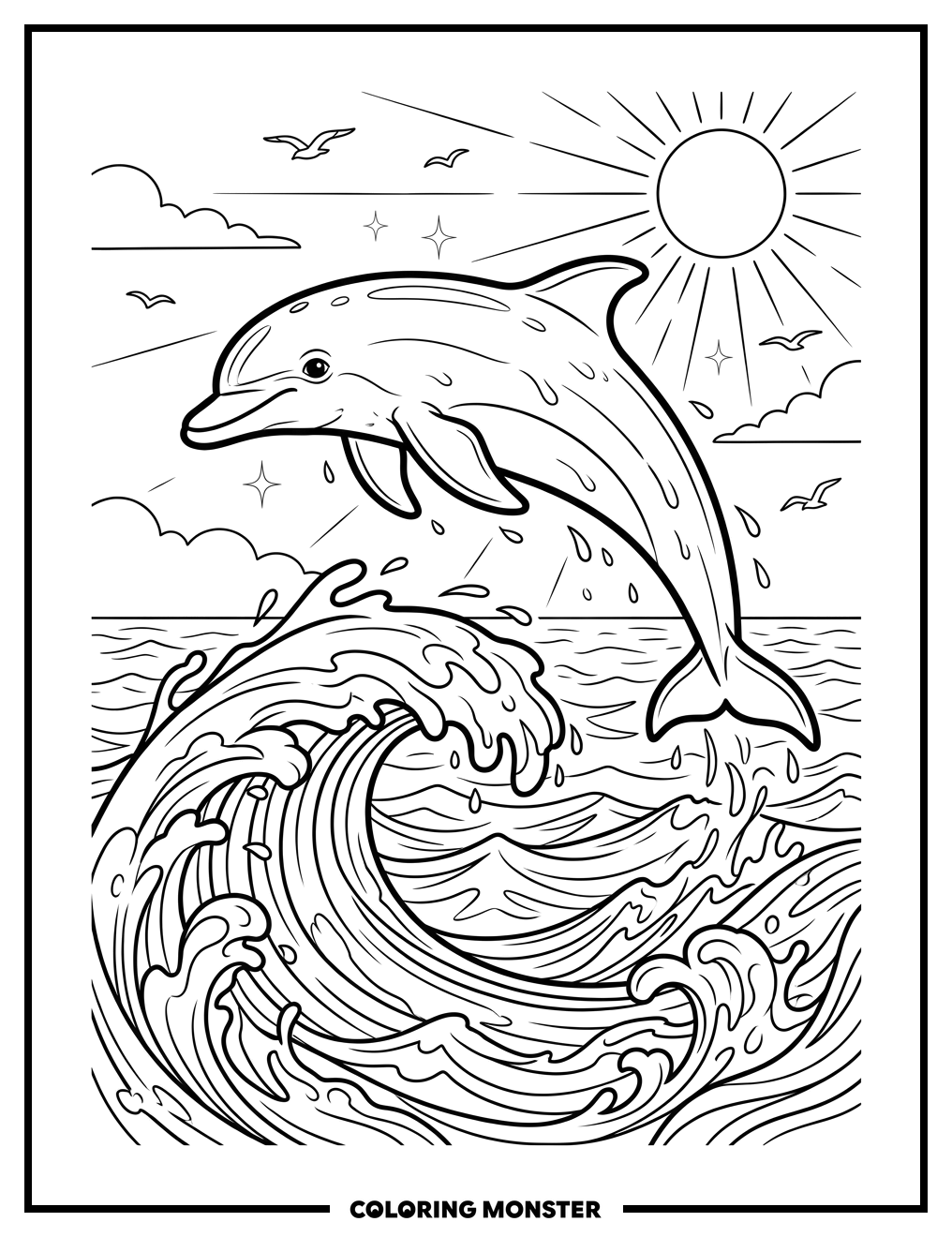 Playful Dolphin Leaping From Ocean Waves Coloring Page