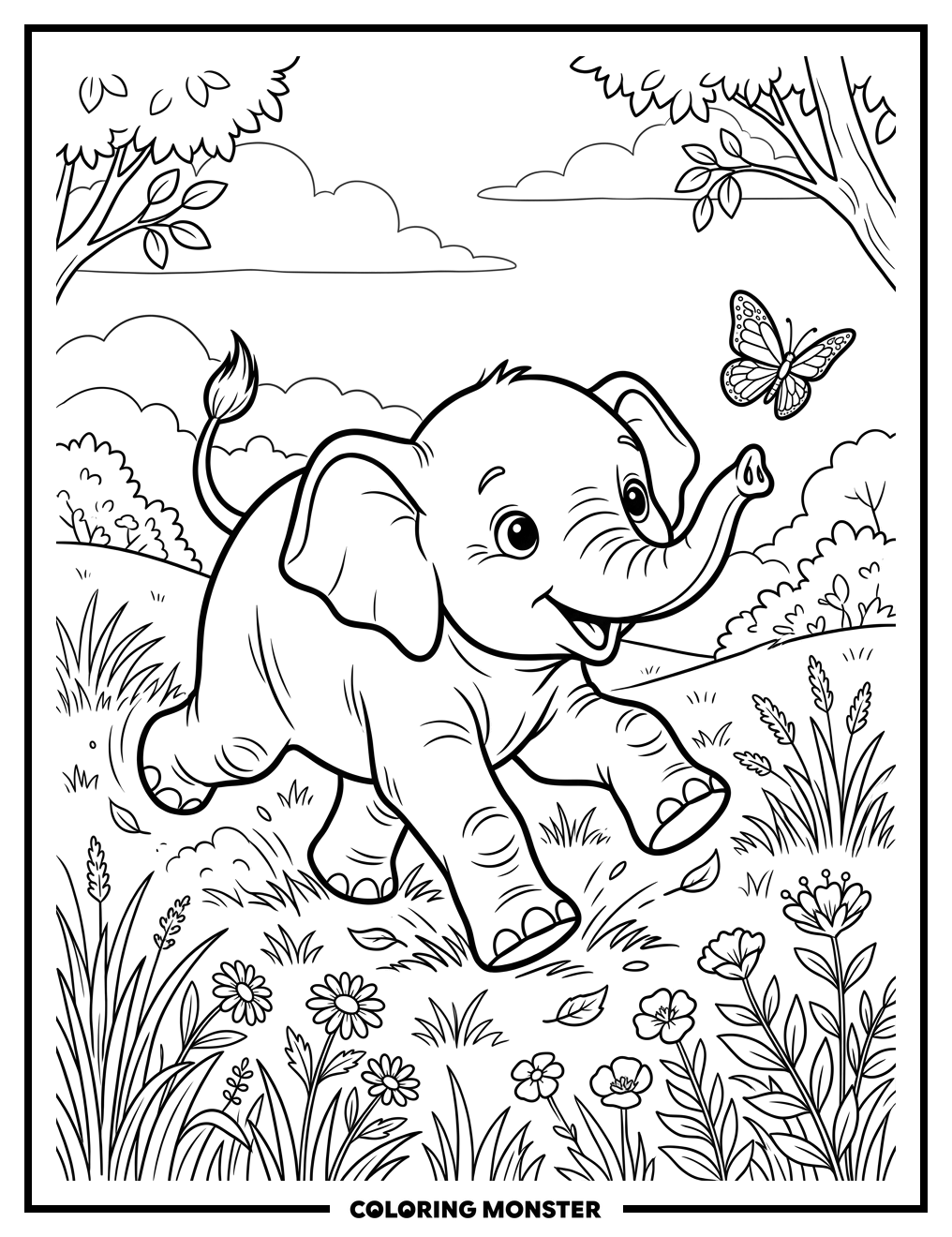 Playful Elephant Calf Chases Butterfly Coloring Page