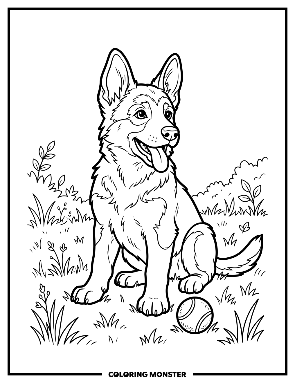 Playful German Shepherd Puppy Sitting on Grass Coloring Page