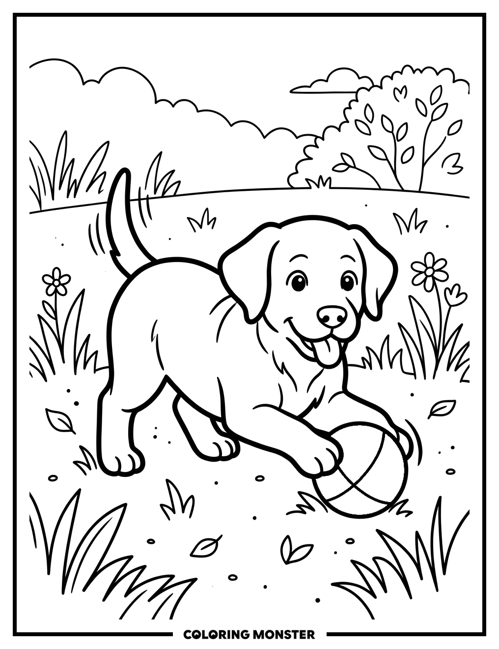 Playful Labrador Puppy With Red Ball Coloring Page