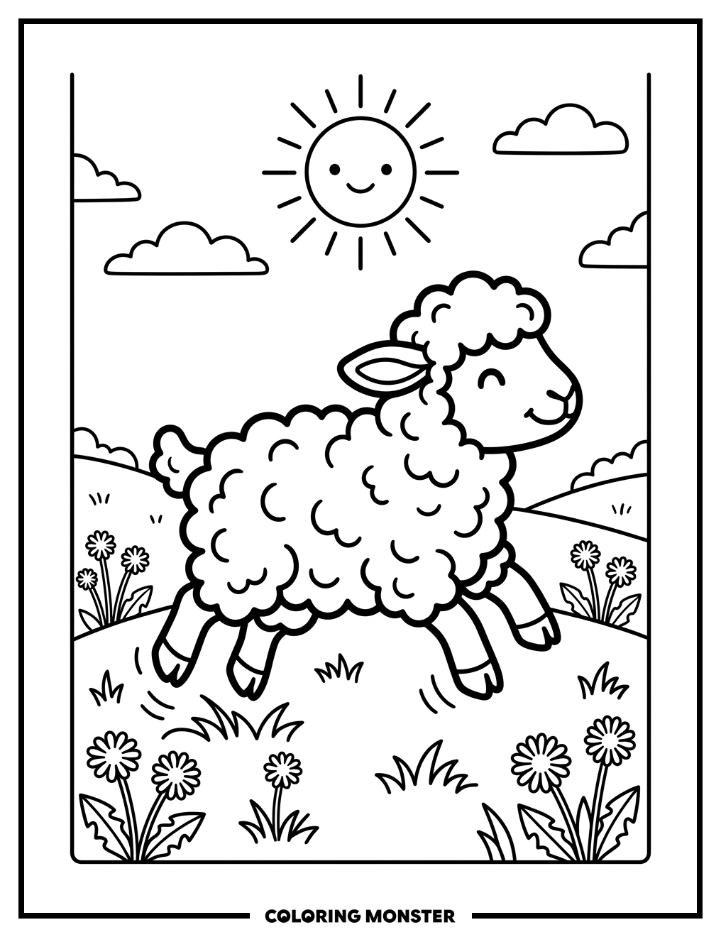 Playful Lamb in Meadow Coloring Page