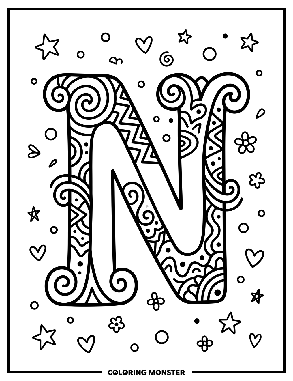 Playful Letter N Design Coloring Page