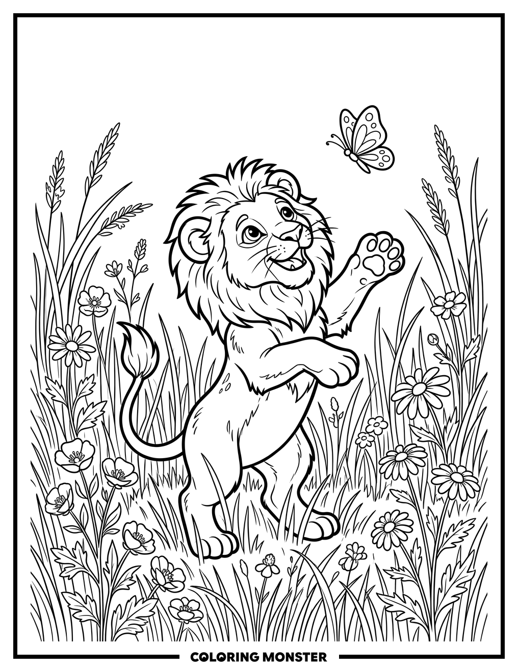 Playful Lion Cub Chasing Butterfly Coloring Page