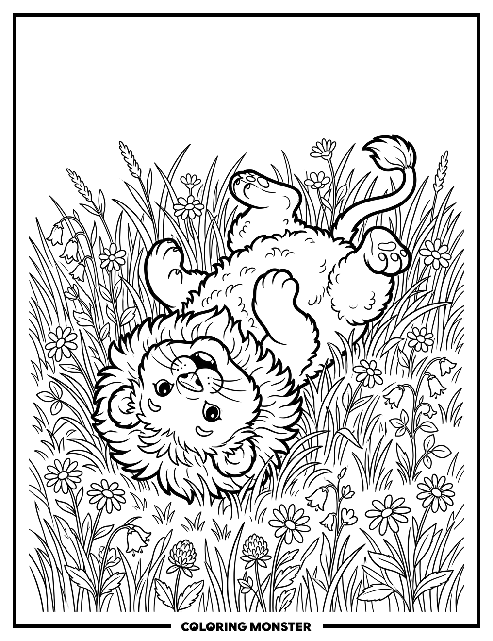 Playful Lion Cub in Wildflowers Coloring Page