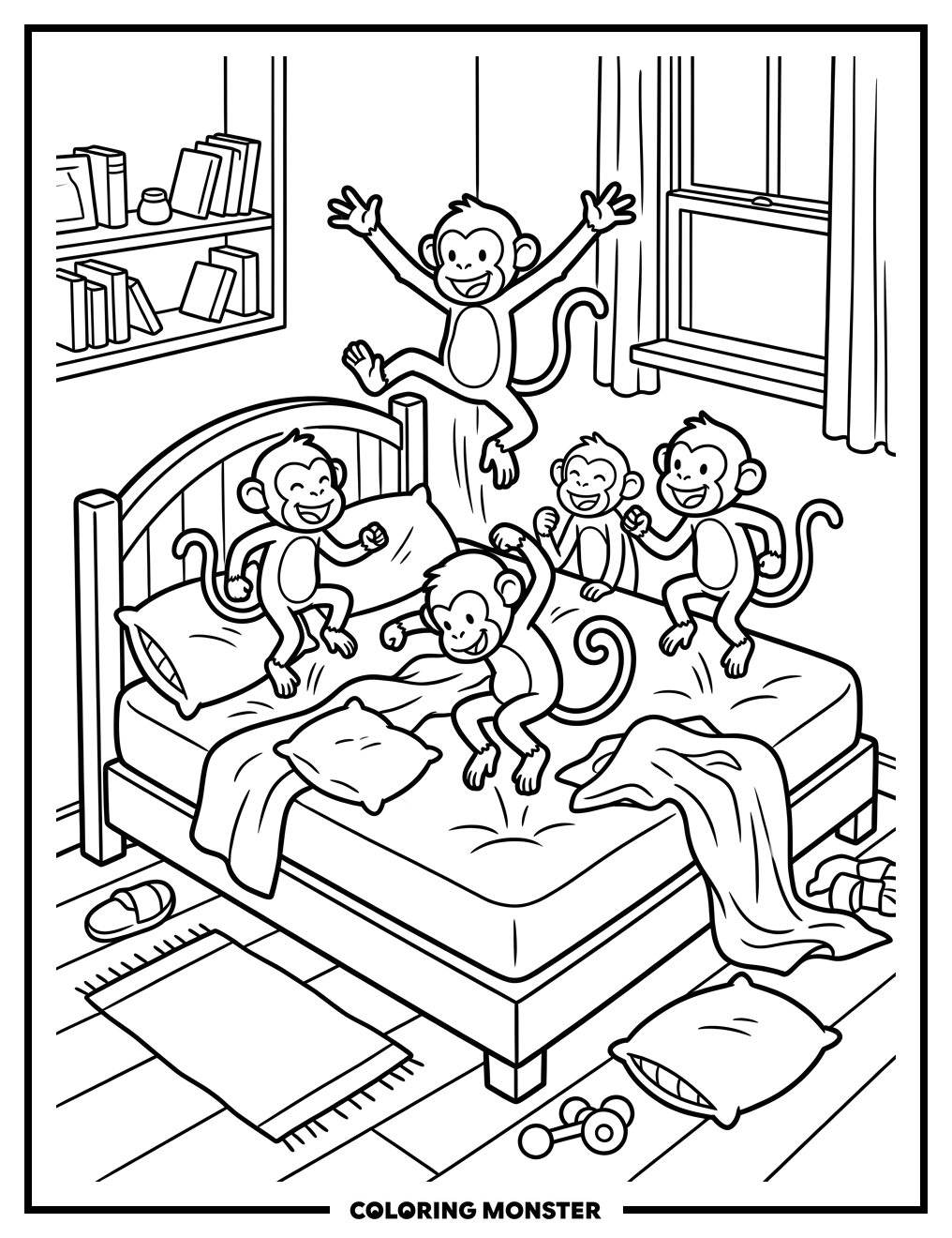 Playful Monkeys Jumping on Bed Coloring Page