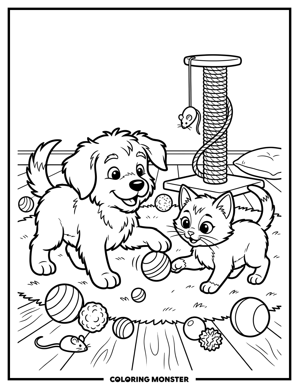 Playful Puppy and Curious Kitten Friends Coloring Page