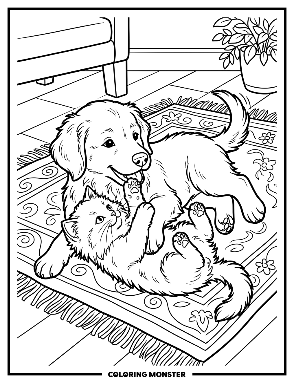 Playful Puppy and Kitten Coloring Page
