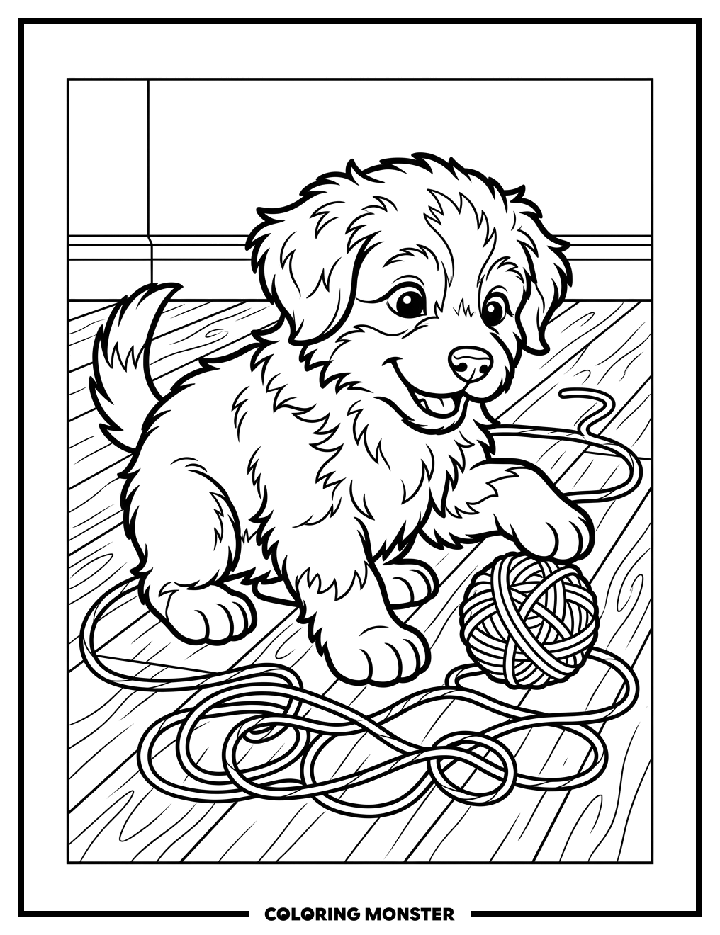 Playful Puppy and Yarn Coloring Page