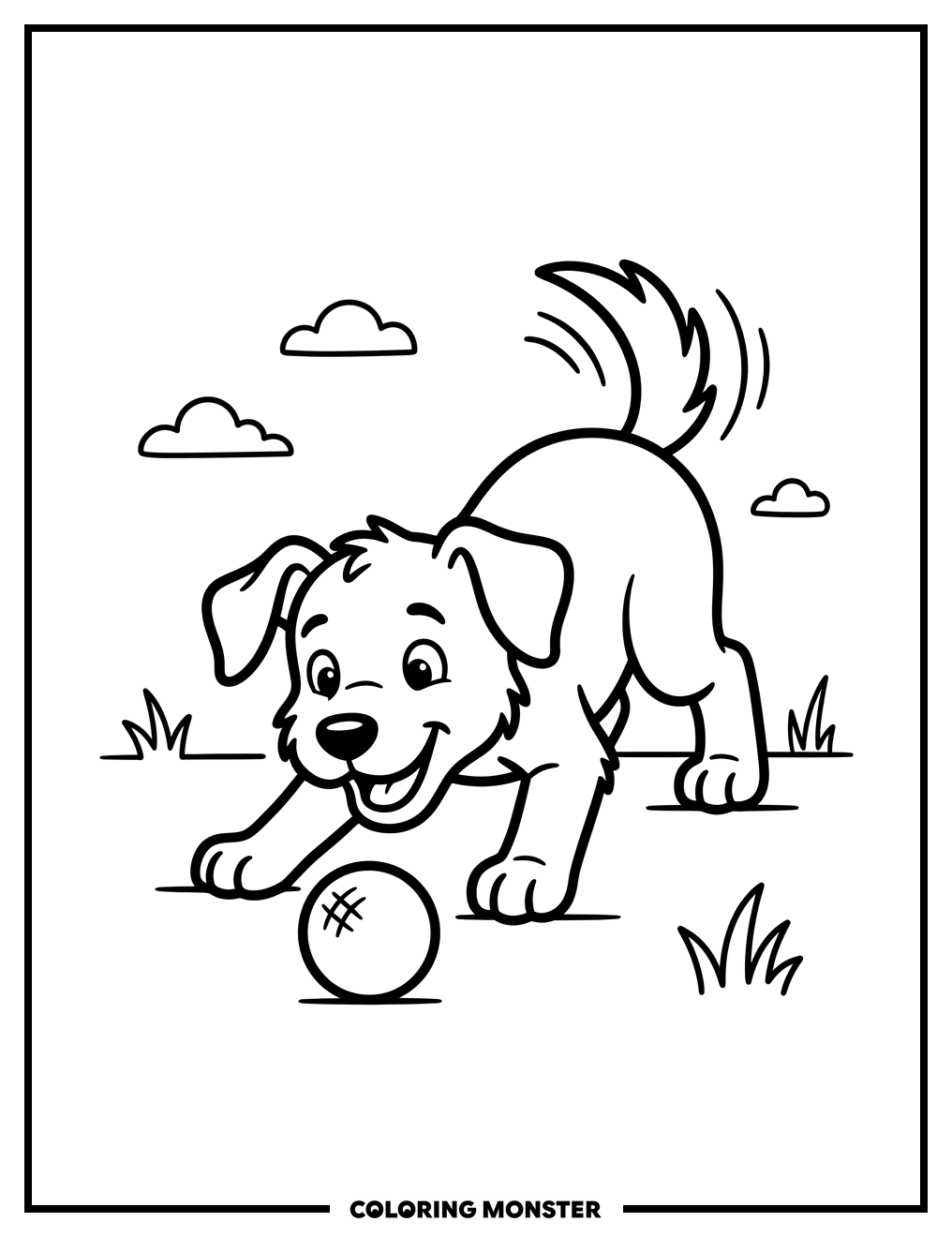 Playful Puppy Pouncing On A Ball Coloring Page