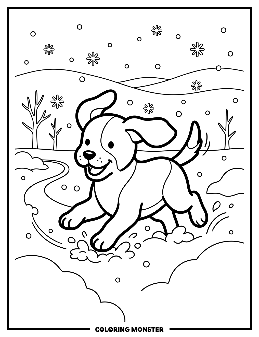 Playful Puppy Running Through Snow Coloring Page