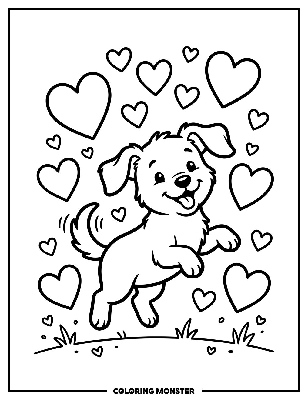Playful Puppy With Valentine Hearts Coloring Page