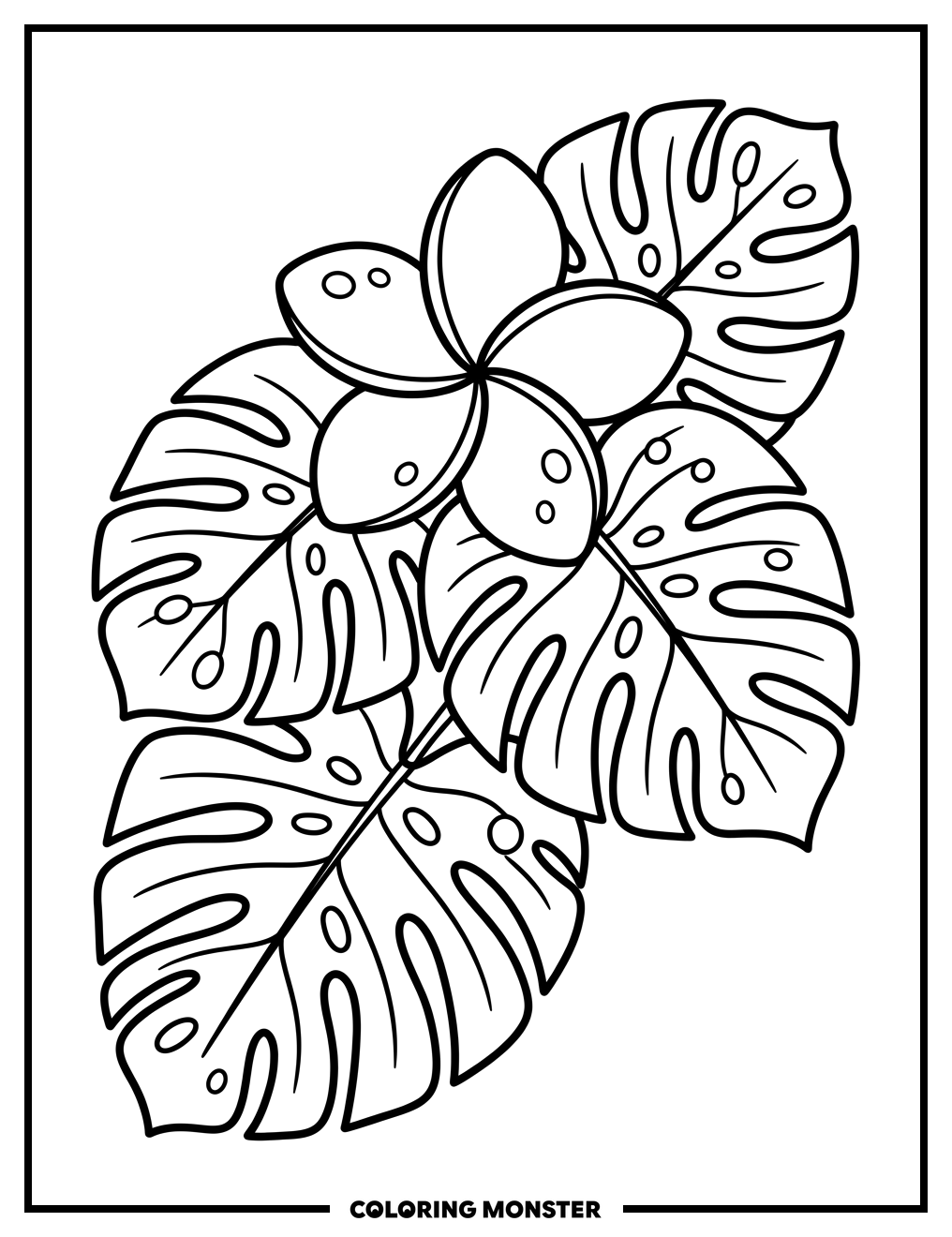 Plumeria Flower and Monstera Leaves Coloring Page