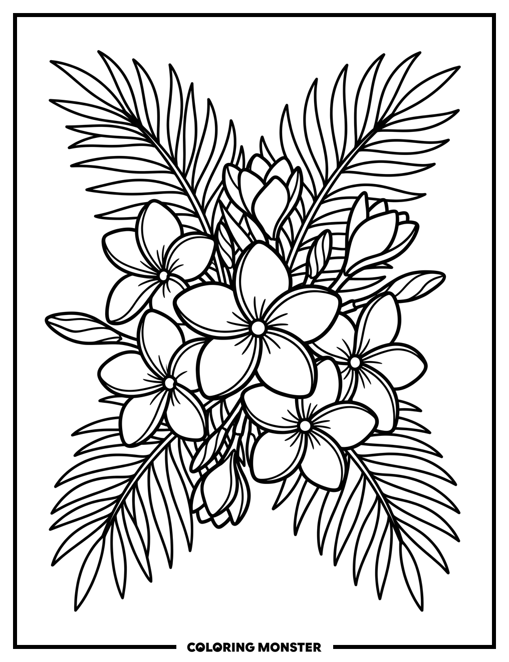 Plumeria Flowers and Palm Fronds Coloring Page