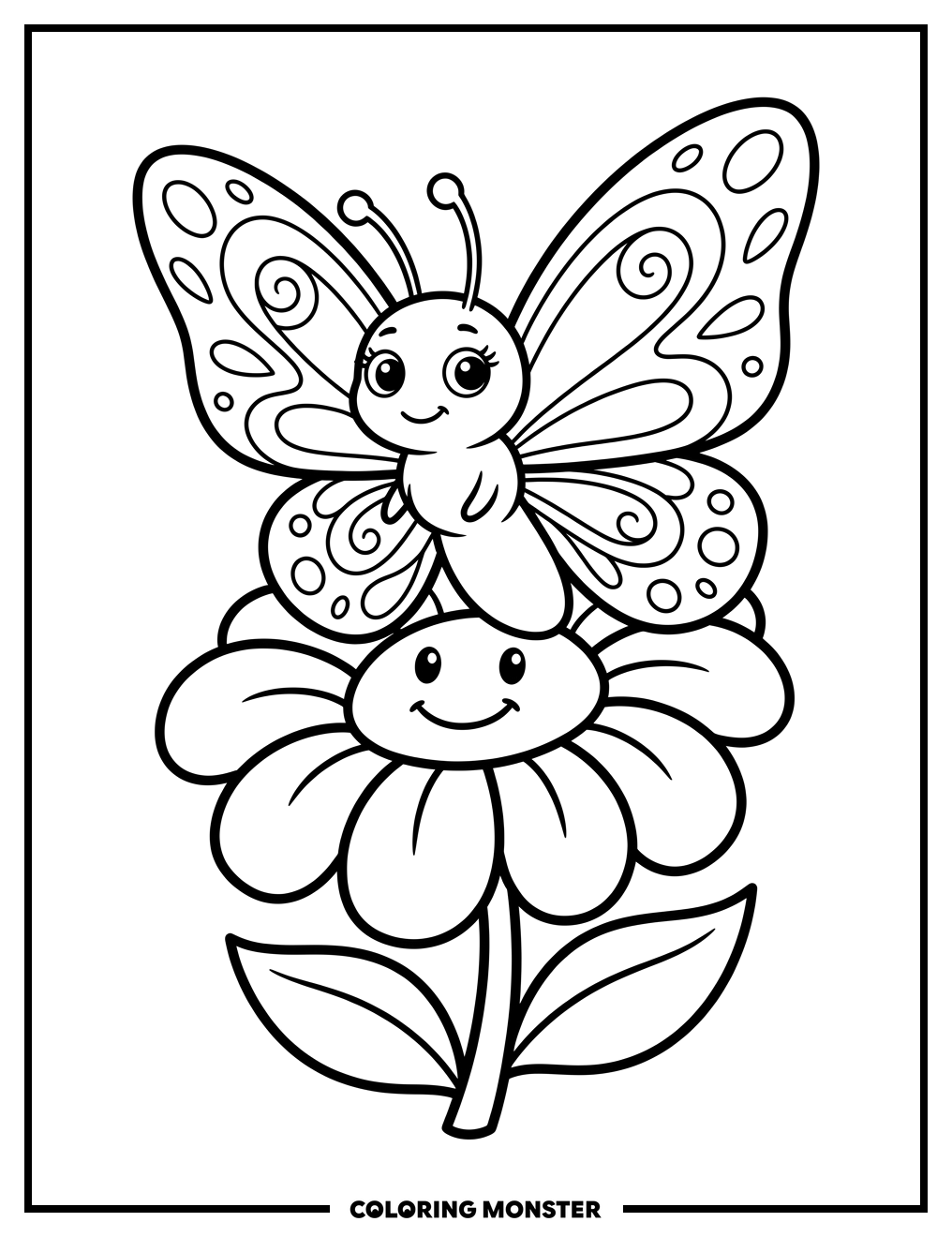 Plump Butterfly on Cheerful Flower Coloring Page