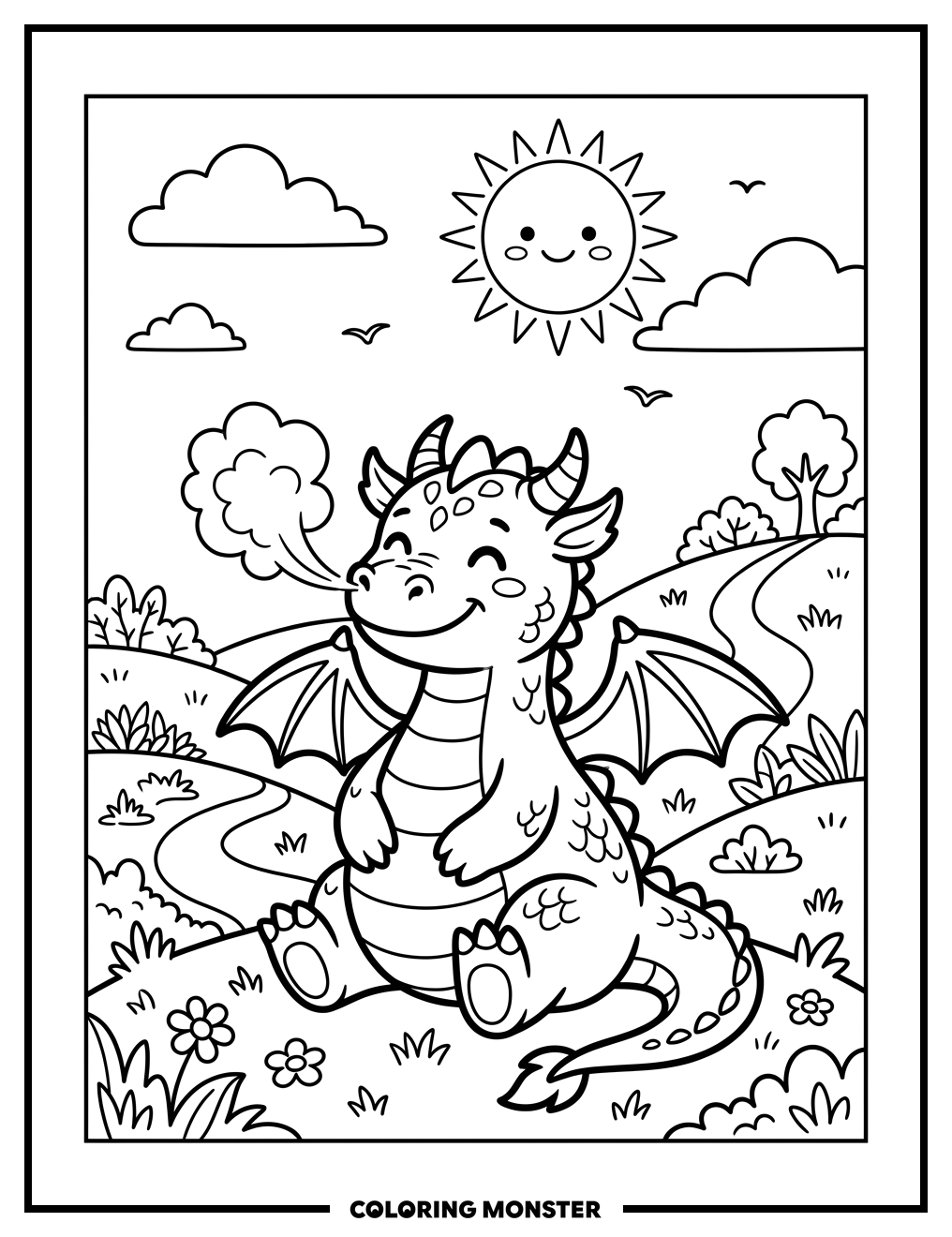 Plump Dragon on Rolling Hills Coloring Page