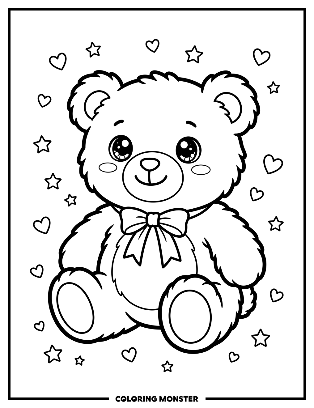 Plush Toy Bear with Hearts and Stars Coloring Page
