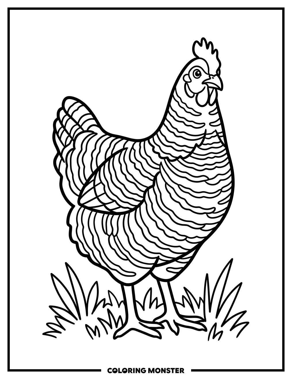 Plymouth Rock Chicken Standing in Grass Coloring Page