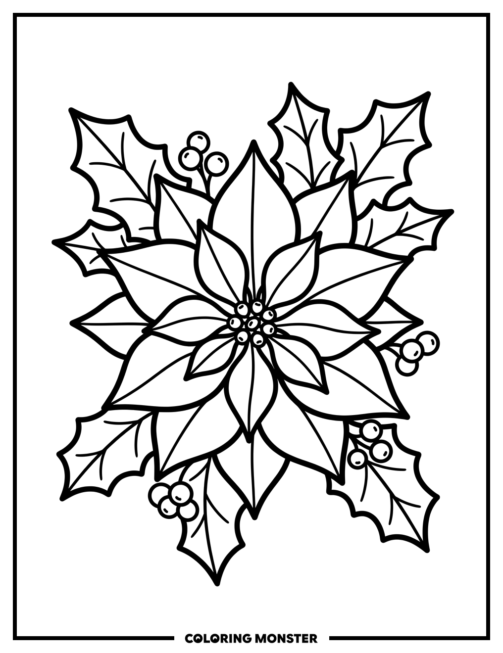 Poinsettia and Holly Coloring Page