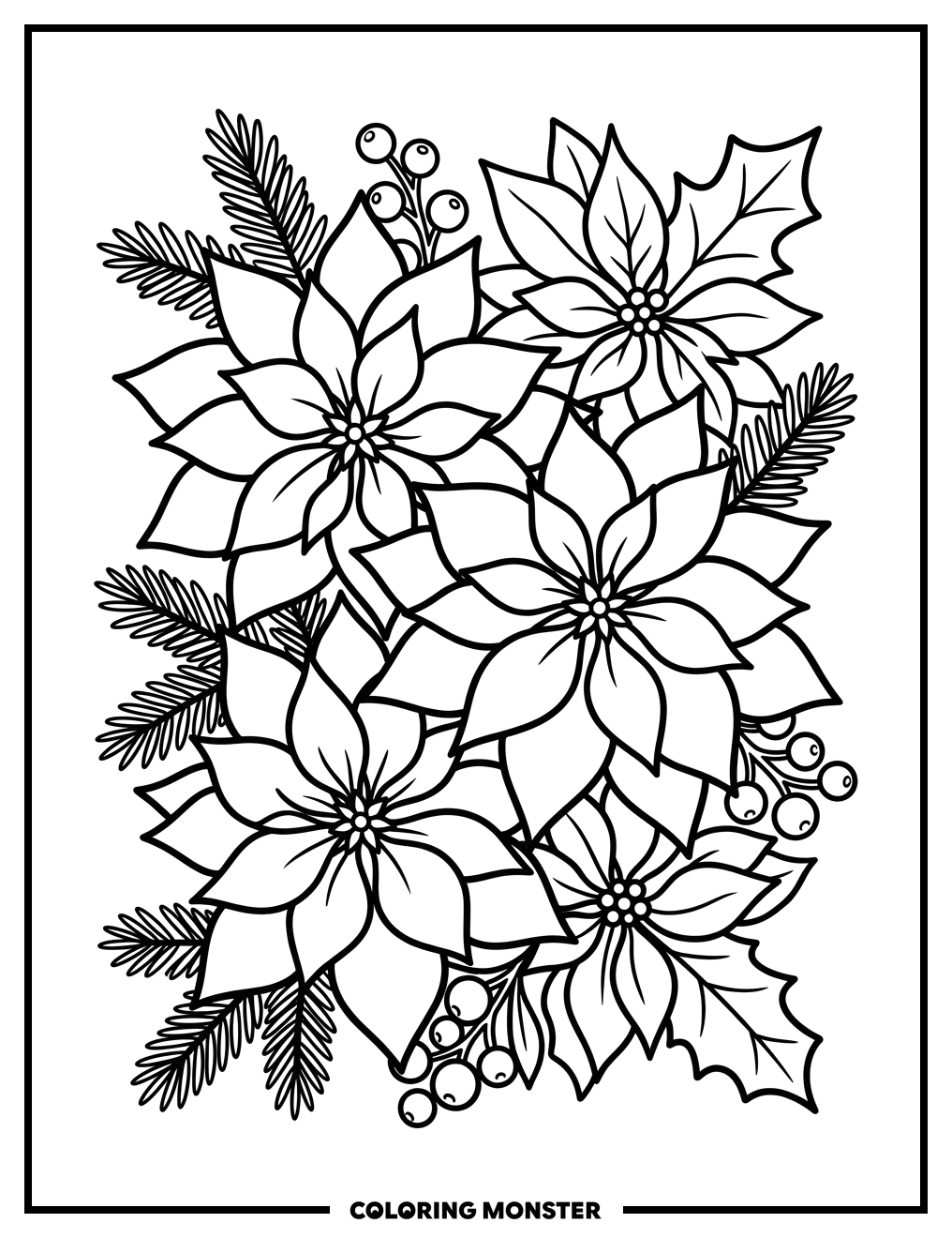 Poinsettias With Pine and Berries Coloring Page