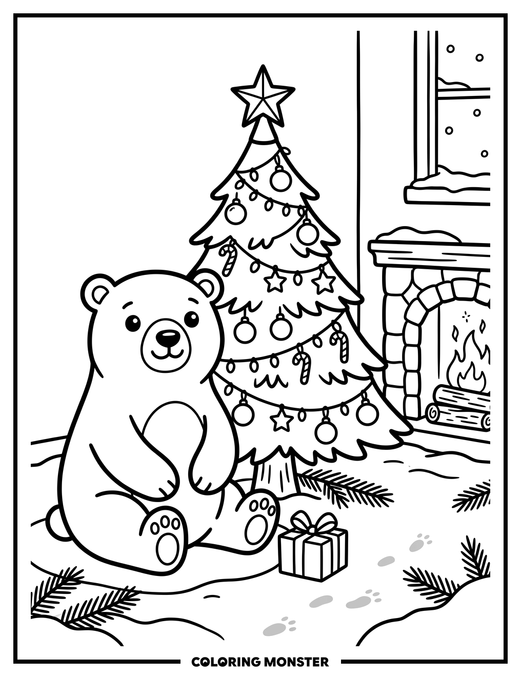 Polar Bear and Christmas Tree Coloring Page