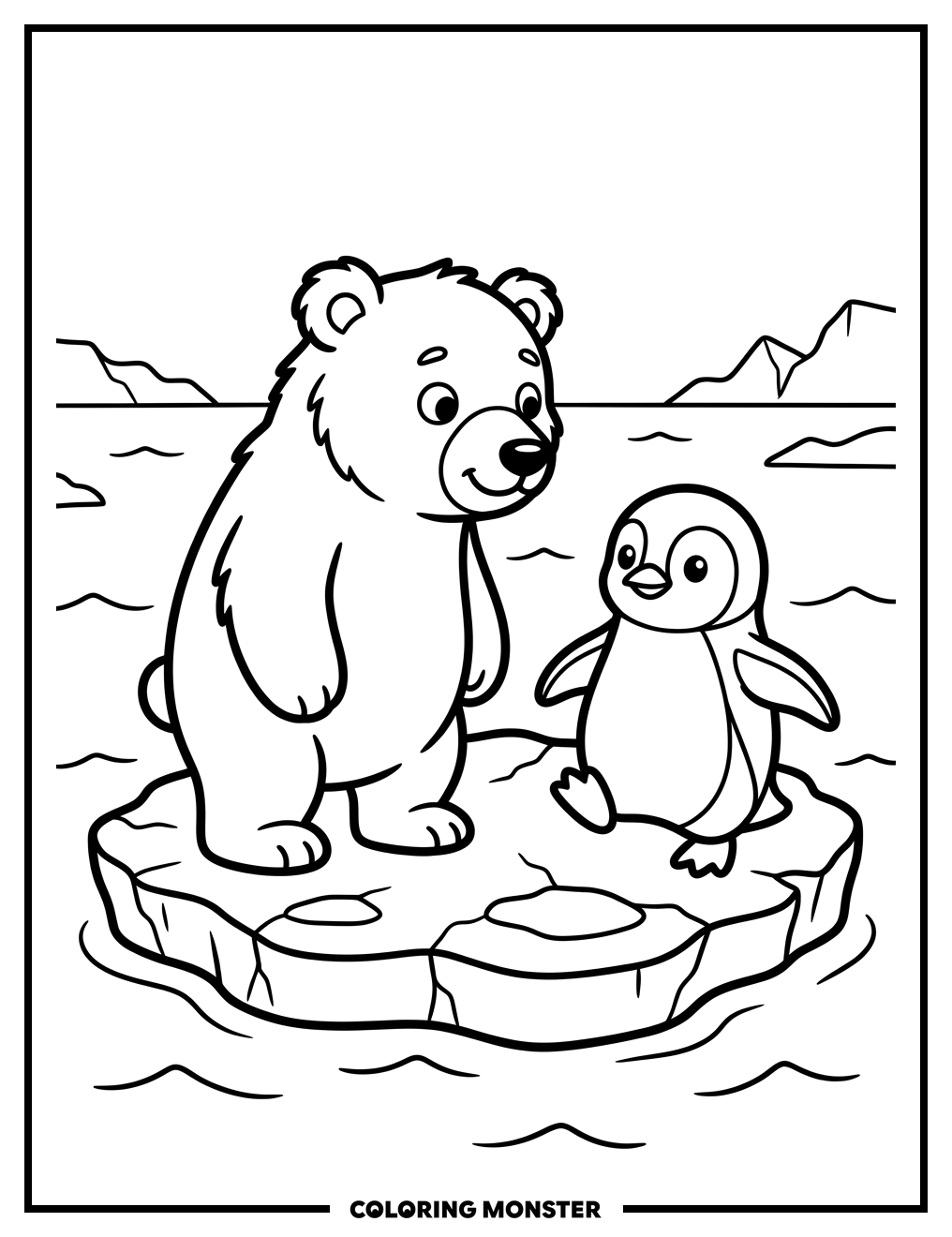 Polar Bear and Penguin on Ice Coloring Page
