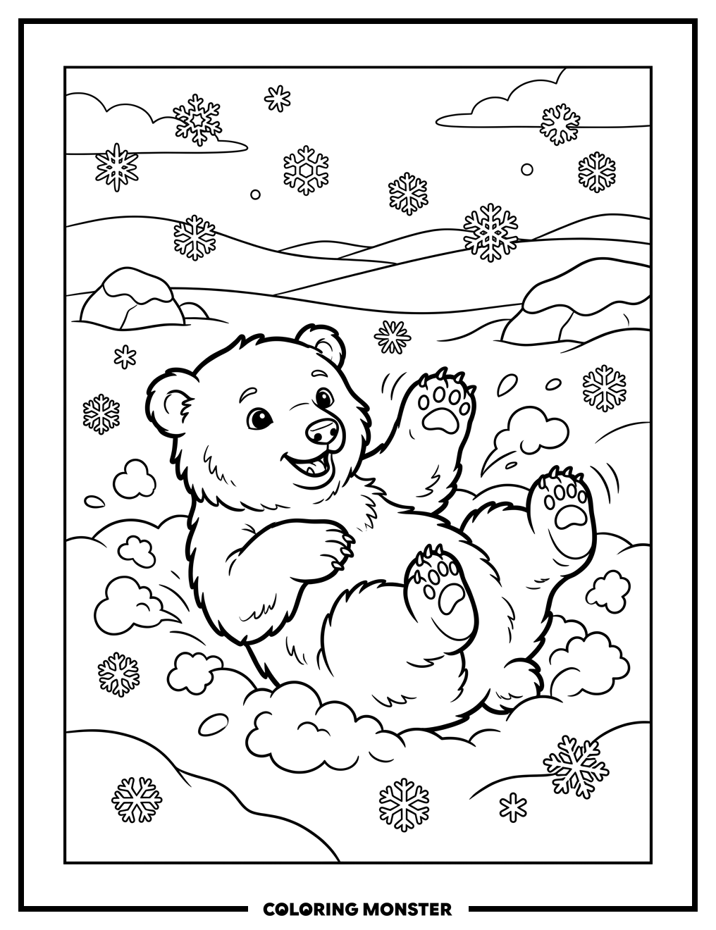 Polar Bear Cub Playing in Snow Coloring Page