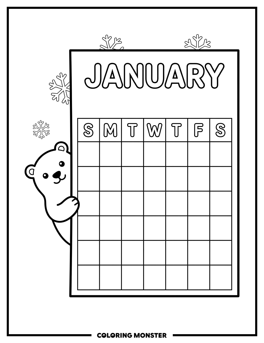 Polar Bear With Winter Calendar Coloring Page