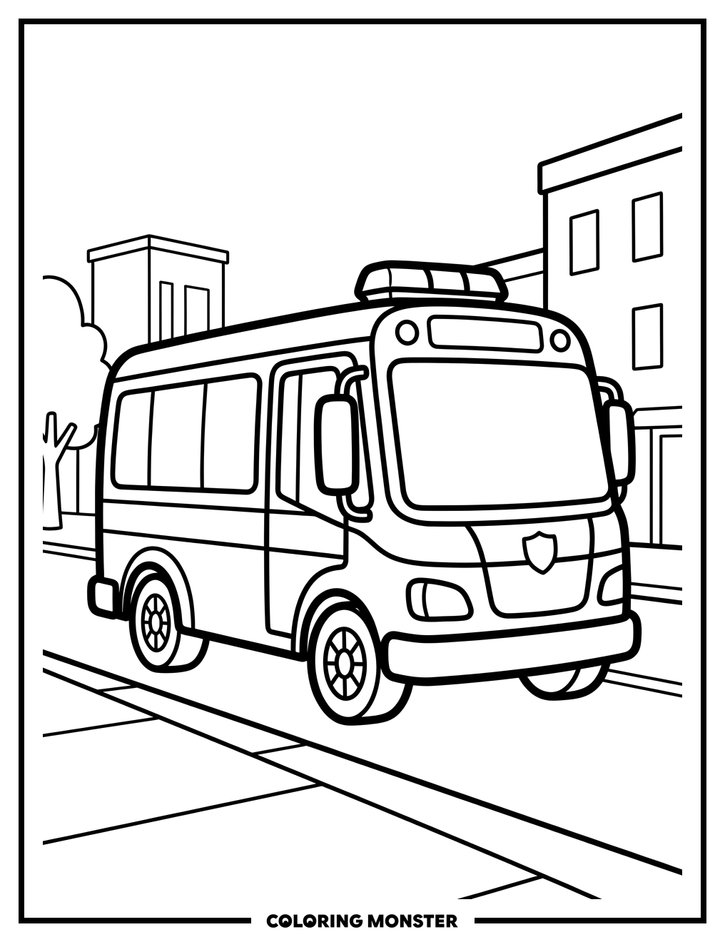 Police Bus on City Street Coloring Page