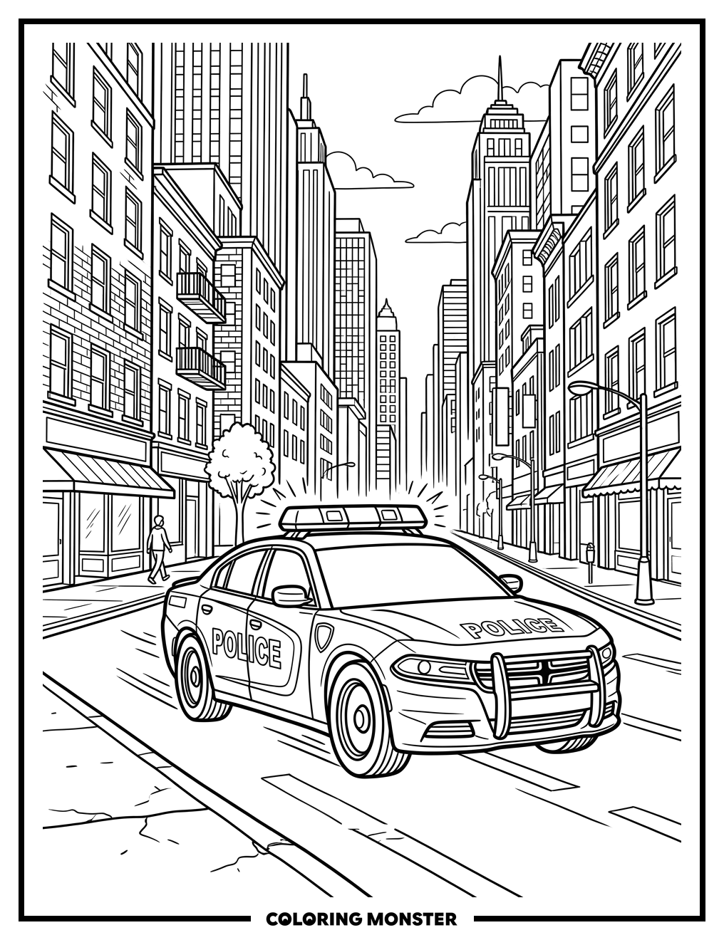Police Car on City Street Coloring Page