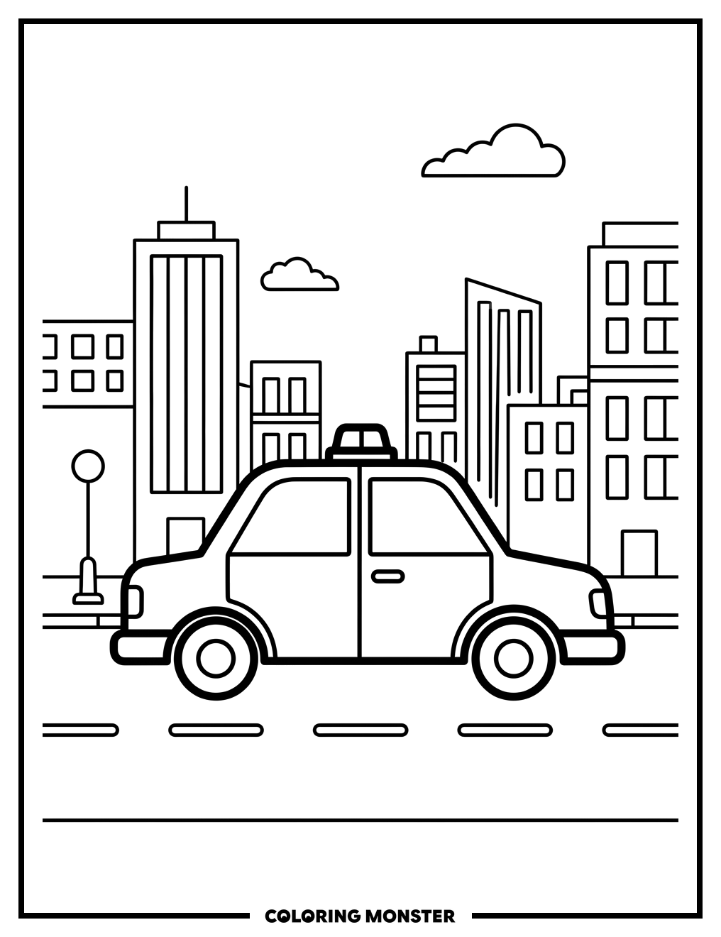 Police Car on City Street Coloring Page
