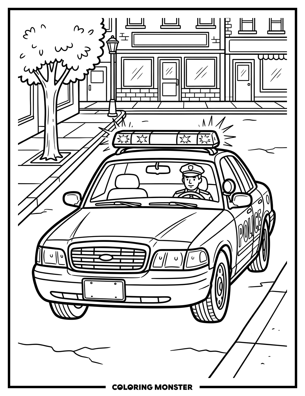 Police Car on Street Coloring Page