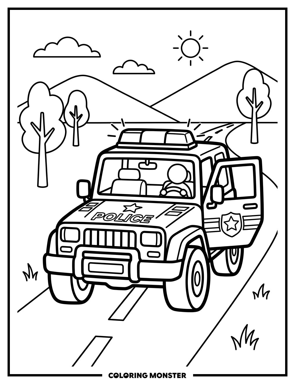 Police Jeep On Patrol Coloring Page