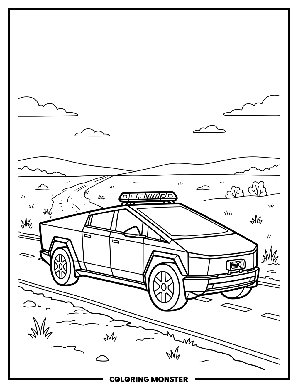 Police Tesla Cybertruck in Field Coloring Page