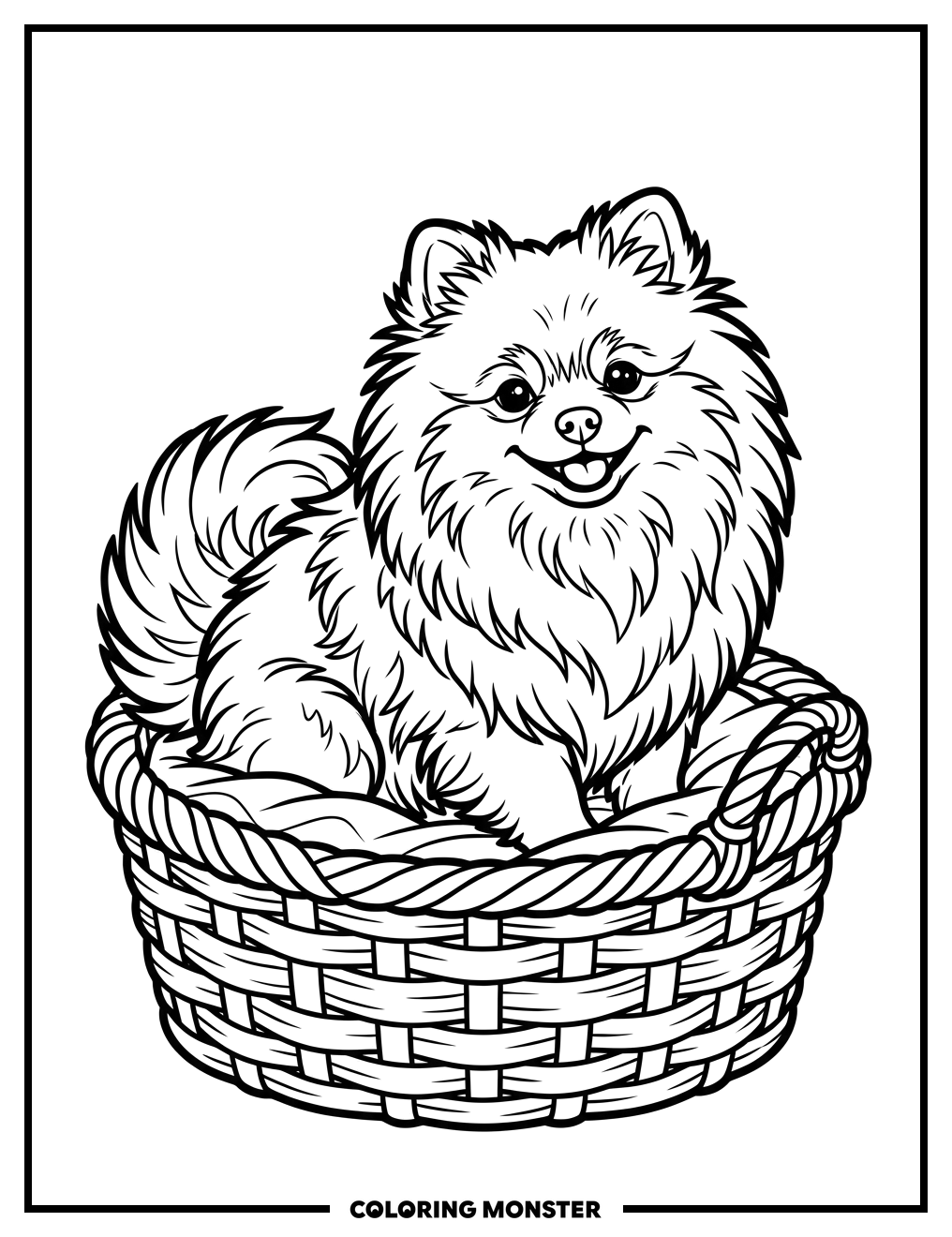 Pomeranian Dog in Woven Basket Coloring Page